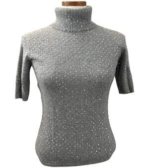 Vintage 100% Cashmere Amici Sequined Mock Neck Sweater SIZE S Gray Glam Fall